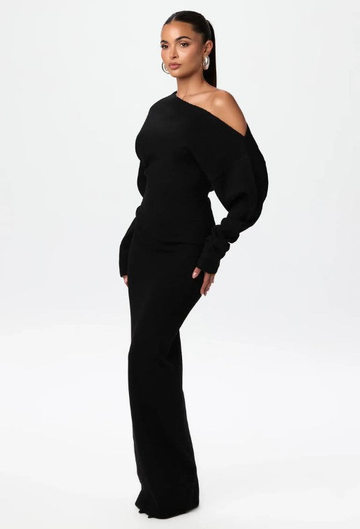 Women's Off-Shoulder Balloon Sleeve Knit Maxi Winter Dress