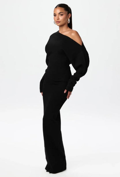 Women's Off-Shoulder Balloon Sleeve Knit Maxi Winter Dress