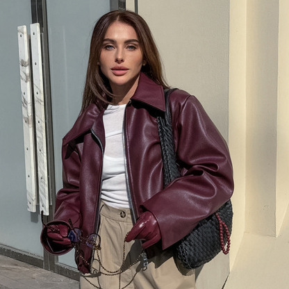 Women's Faux Leather Oversized Bomber Autumn Jacket