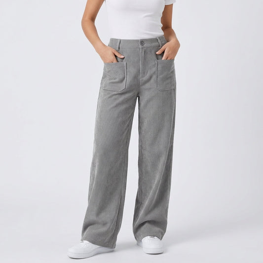 Pantaloni Utilitari in Velluto a Coste a Vita Alta e Gamba Larga