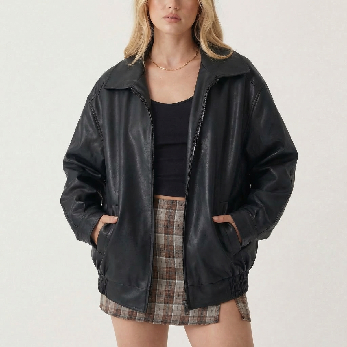 Women's Oversized Vintage 90s Faux Leather Zip-Up Autumn Bomber