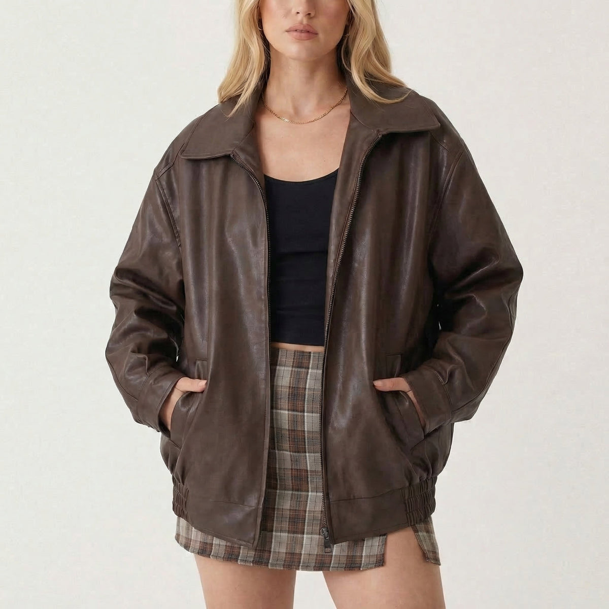 Women's Oversized Vintage 90s Faux Leather Zip-Up Autumn Bomber