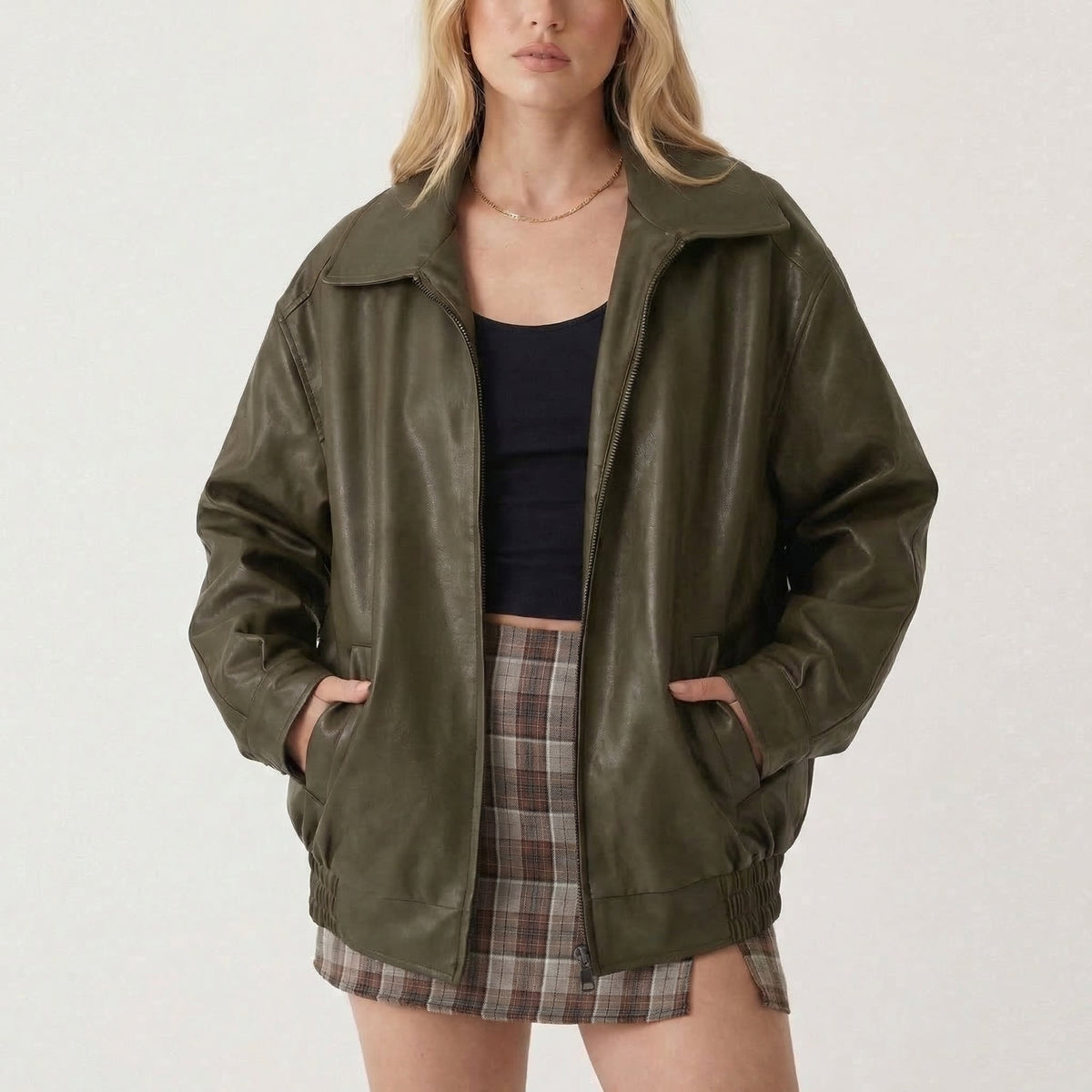 Women's Oversized Vintage 90s Faux Leather Zip-Up Autumn Bomber