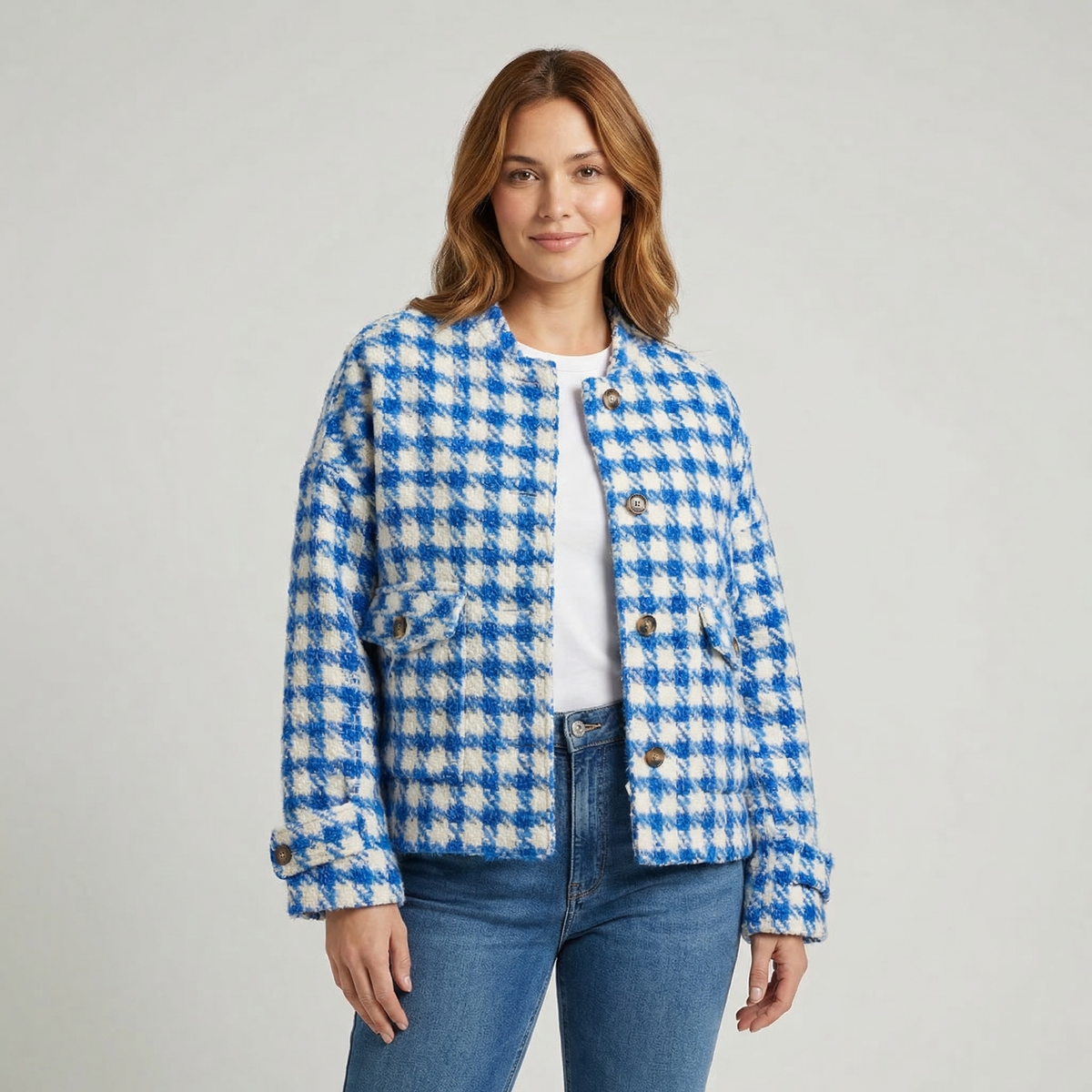 Women's Houndstooth Collarless Button-Up Short Winter Coat