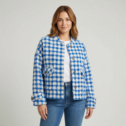 Women's Houndstooth Collarless Button-Up Short Winter Coat