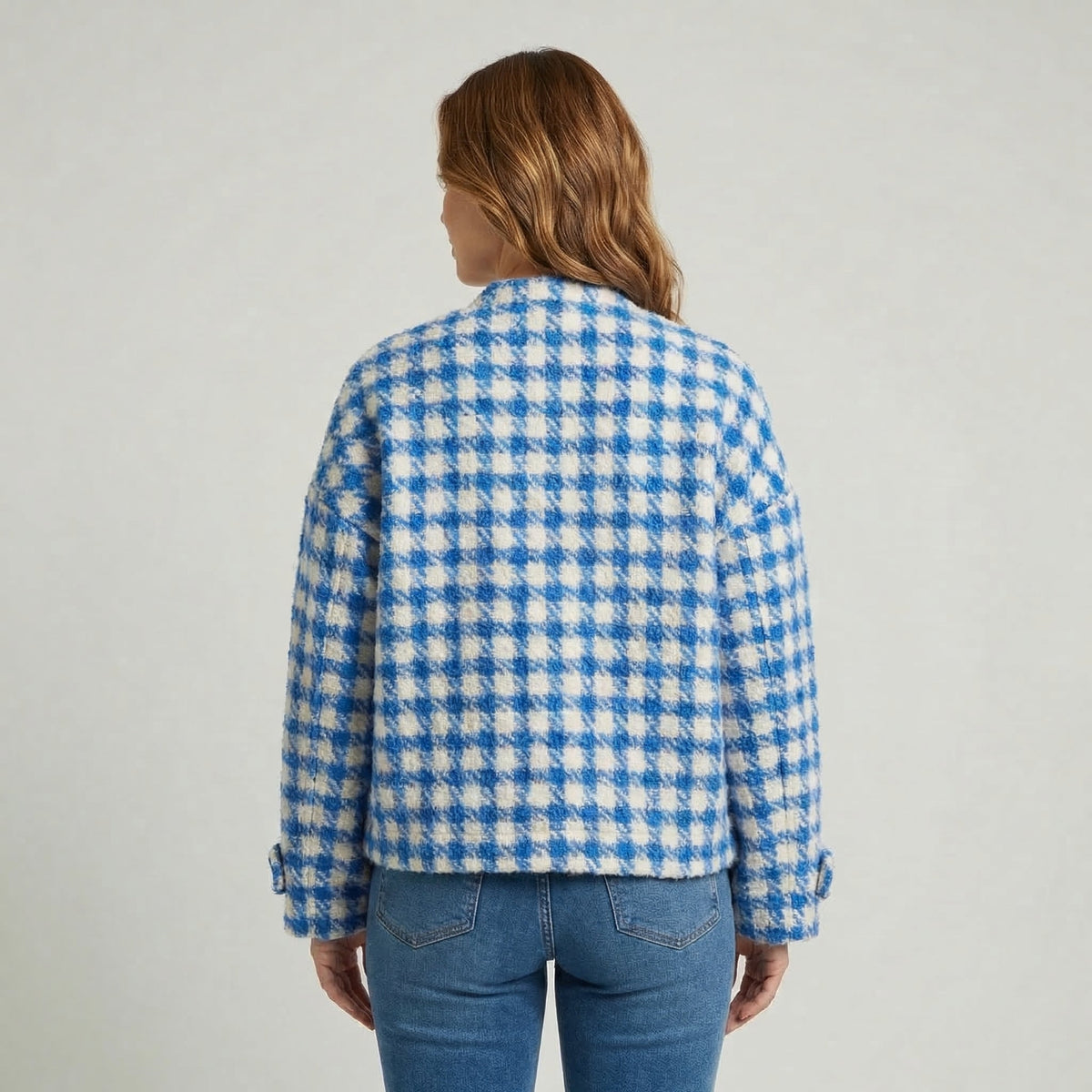 Women's Houndstooth Collarless Button-Up Short Winter Coat