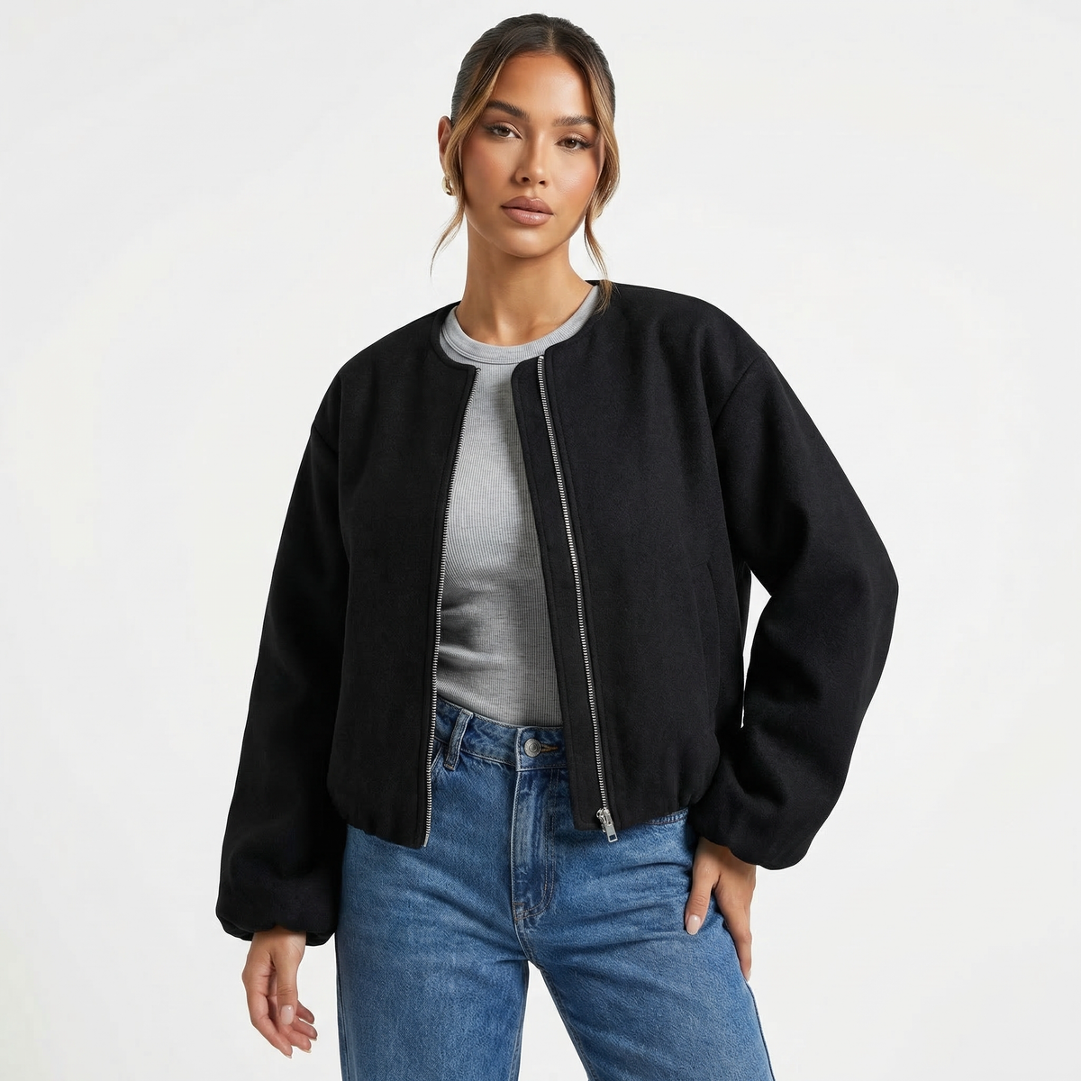 Bomber da donna casual corto senza colletto con cerniera