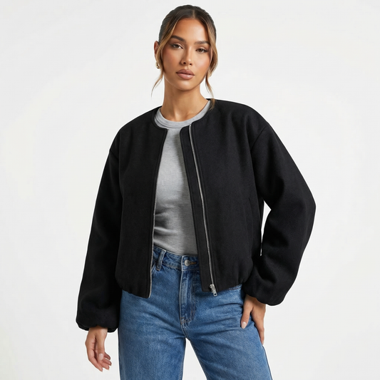 Bomber da donna casual corto senza colletto con cerniera