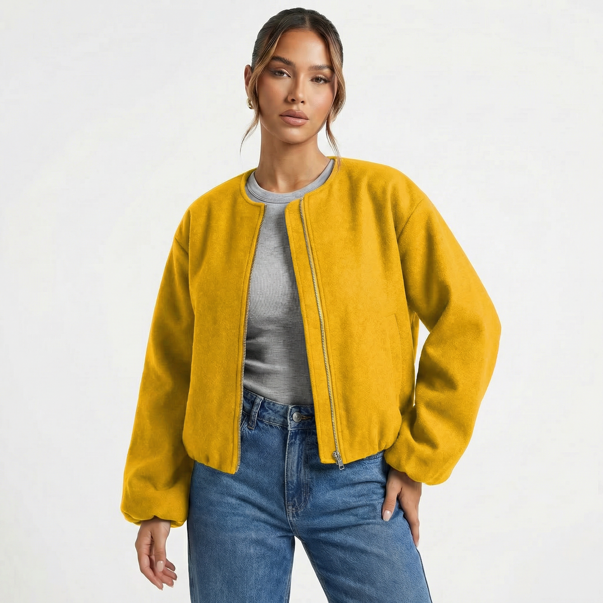Bomber da donna casual corto senza colletto con cerniera