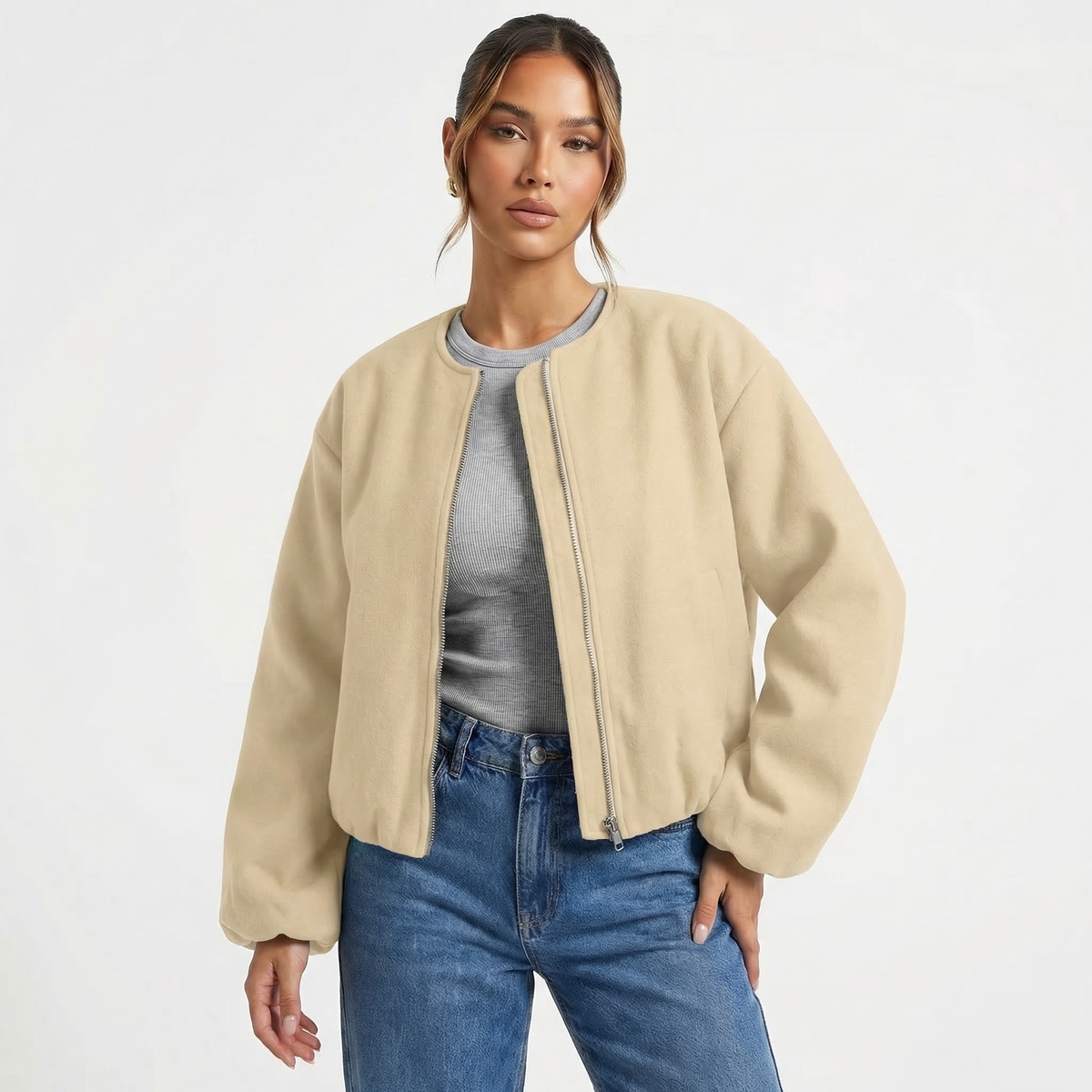 Bomber da donna casual corto senza colletto con cerniera