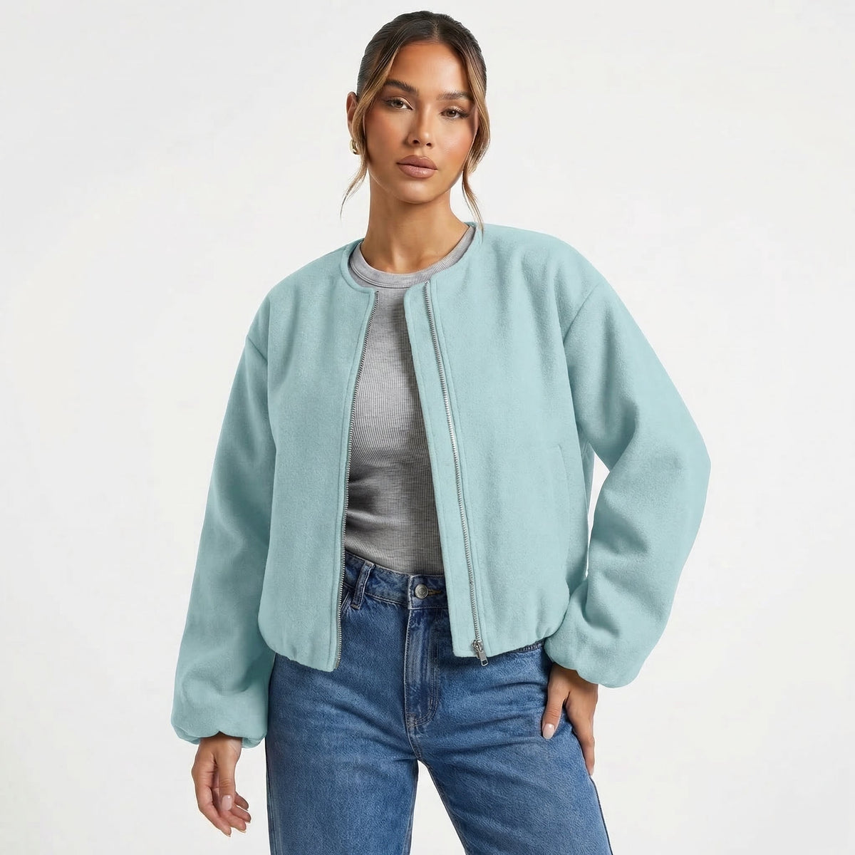 Bomber da donna casual corto senza colletto con cerniera