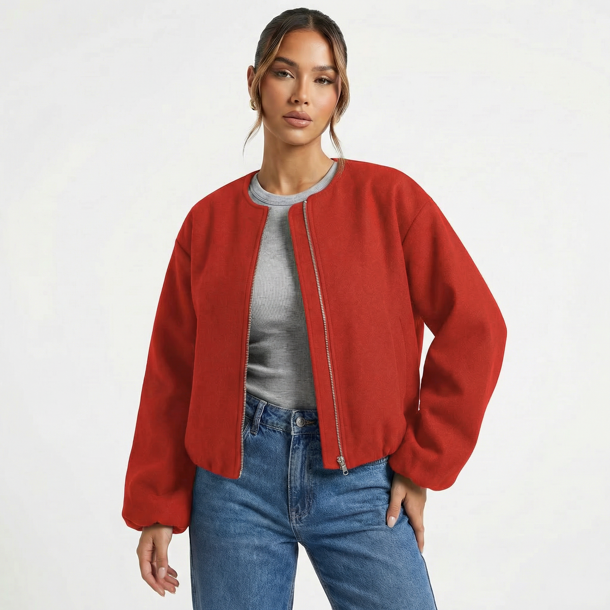 Bomber da donna casual corto senza colletto con cerniera