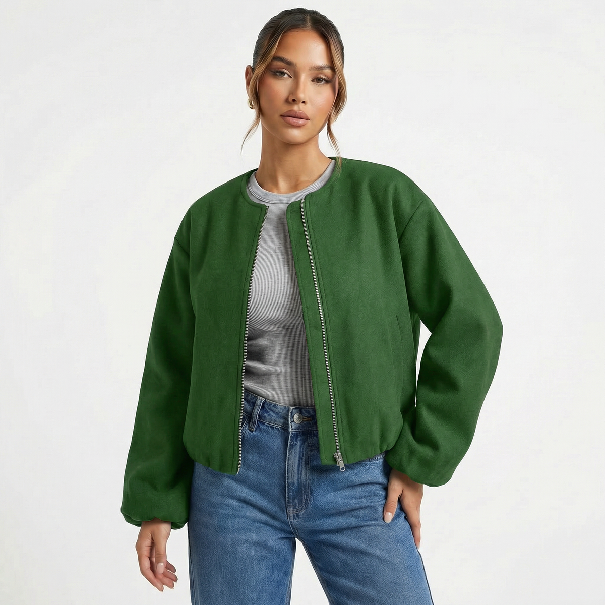 Bomber da donna casual corto senza colletto con cerniera