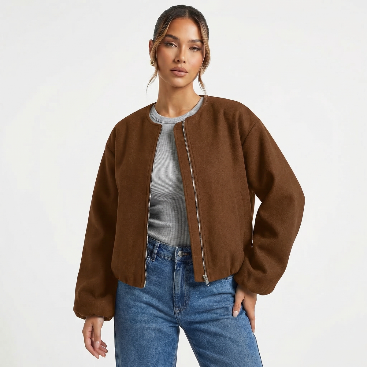 Bomber da donna casual corto senza colletto con cerniera
