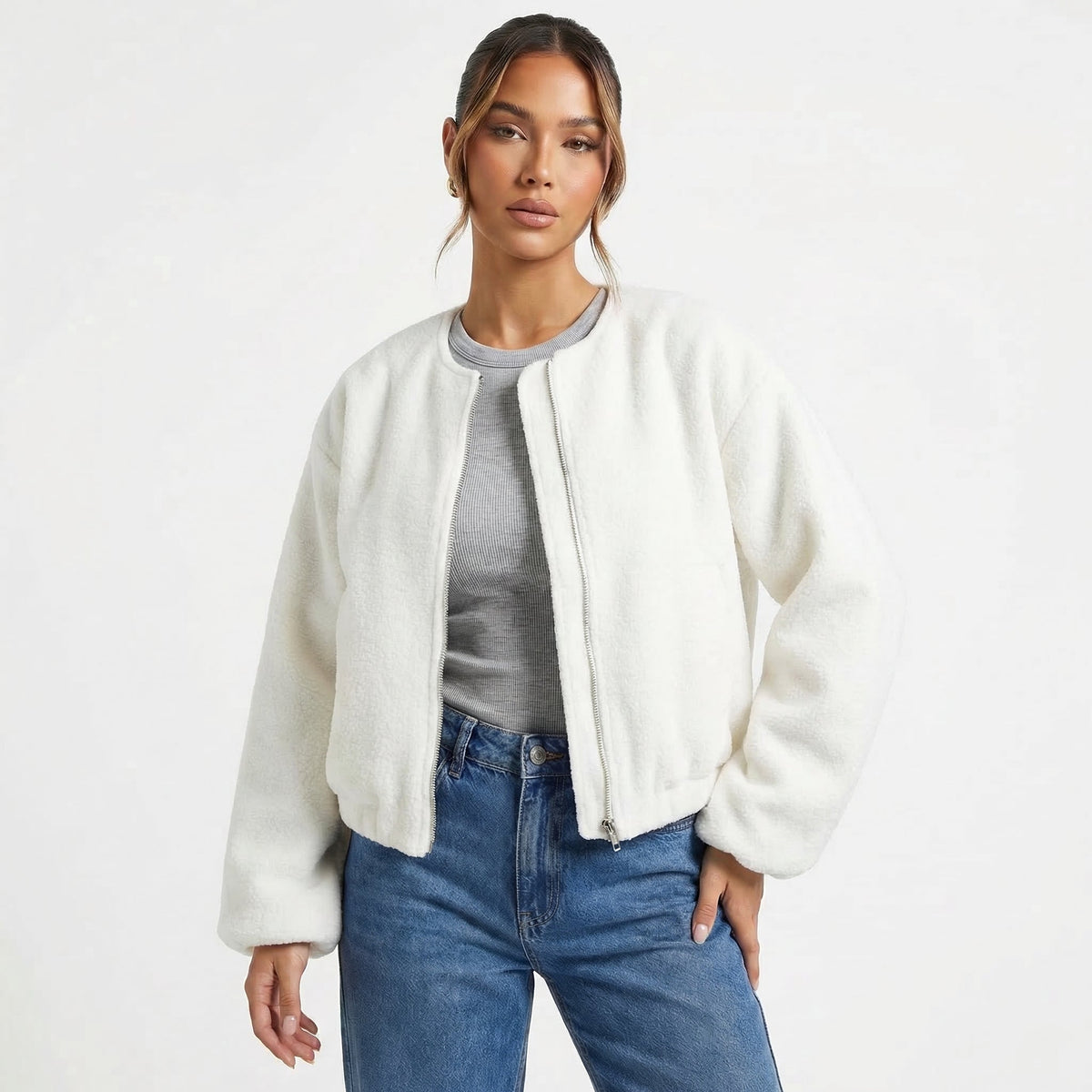 Bomber da donna casual corto senza colletto con cerniera