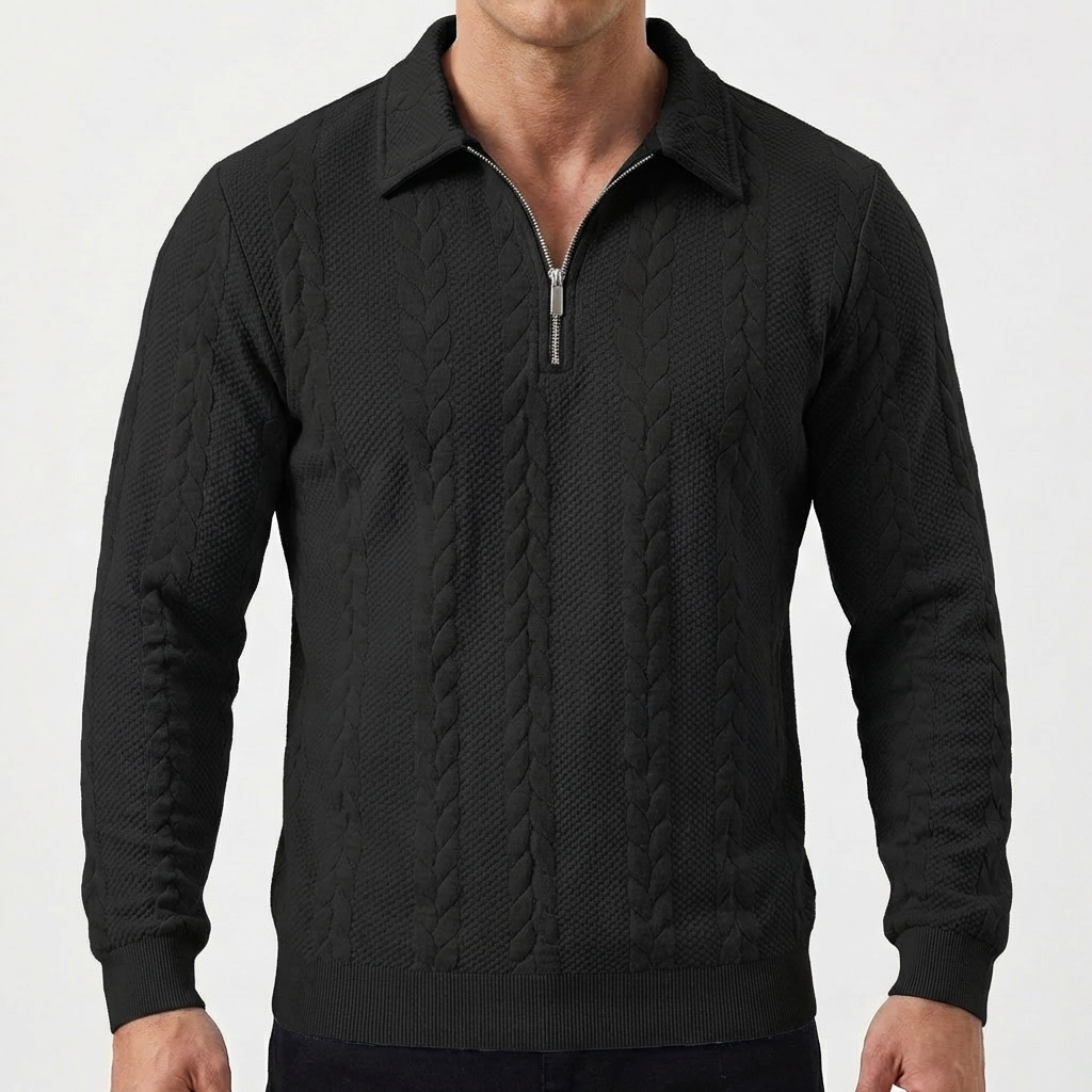 Men's Quarter-Zip Cable Knit Textured Long-Sleeve Polo Winter Sweater