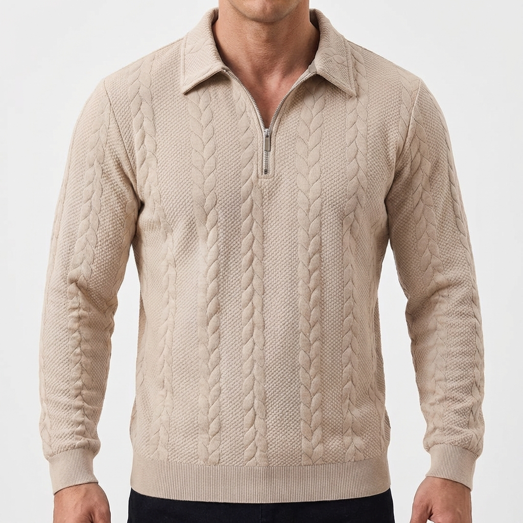 Men's Quarter-Zip Cable Knit Textured Long-Sleeve Polo Winter Sweater