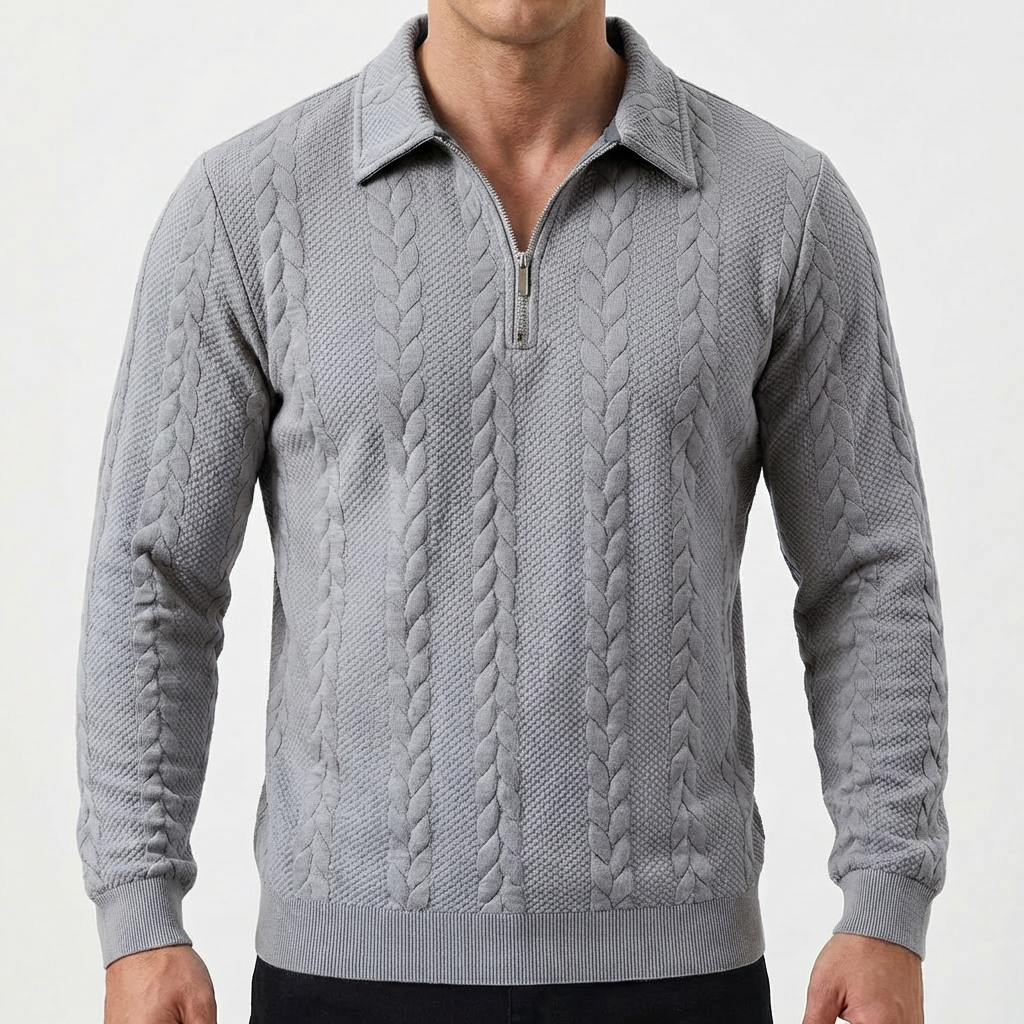 Men's Quarter-Zip Cable Knit Textured Long-Sleeve Polo Winter Sweater