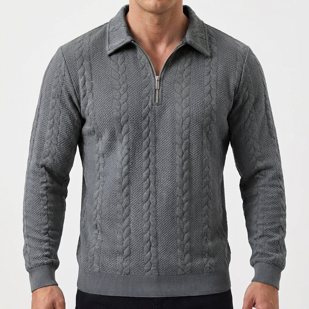 Men's Quarter-Zip Cable Knit Textured Long-Sleeve Polo Winter Sweater