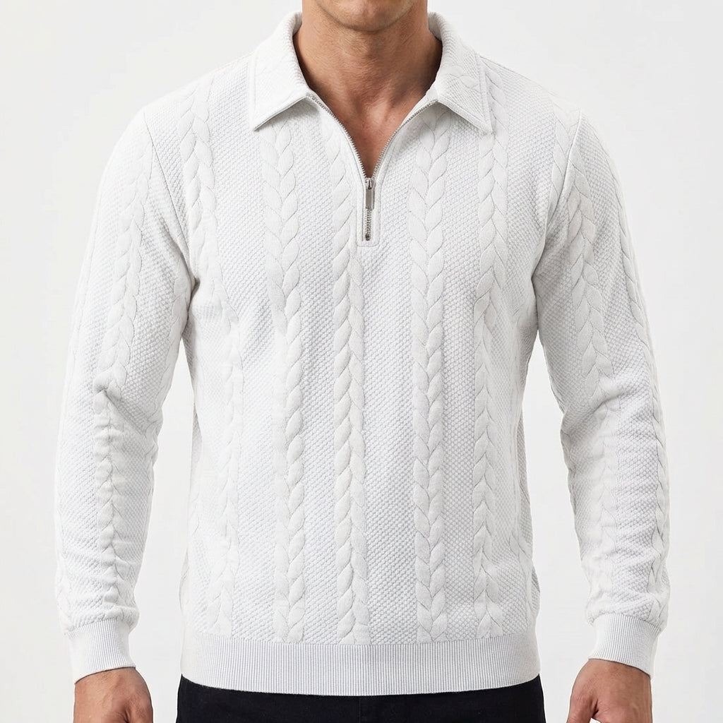 Men's Quarter-Zip Cable Knit Textured Long-Sleeve Polo Winter Sweater
