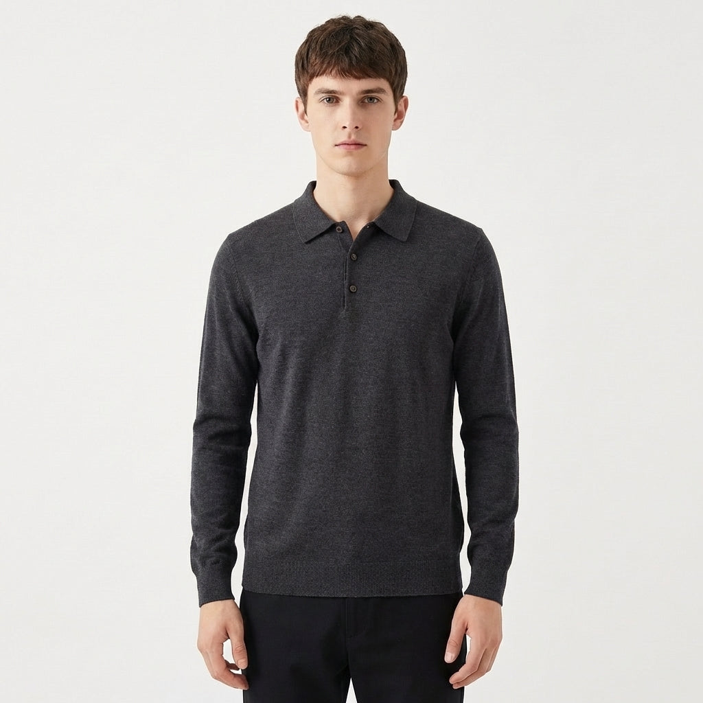 Men's Slim-Fit Textured Knit Long-Sleeve Ribbed Polo Winter Top