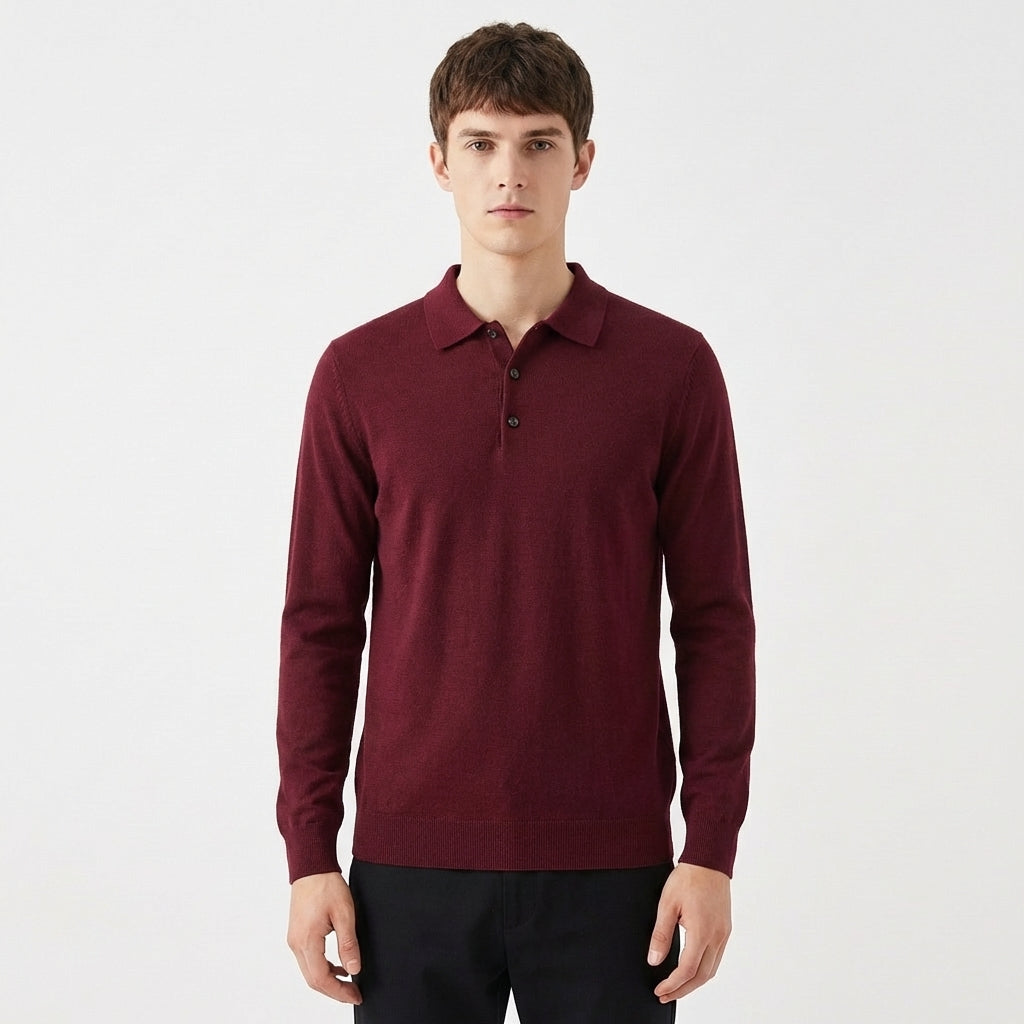 Men's Slim-Fit Textured Knit Long-Sleeve Ribbed Polo Winter Top