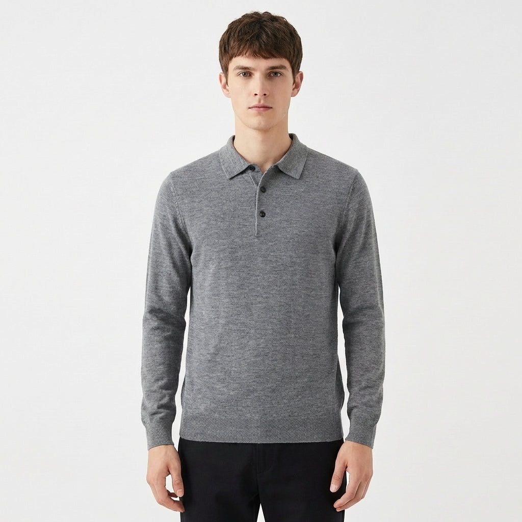 Men's Slim-Fit Textured Knit Long-Sleeve Ribbed Polo Winter Top