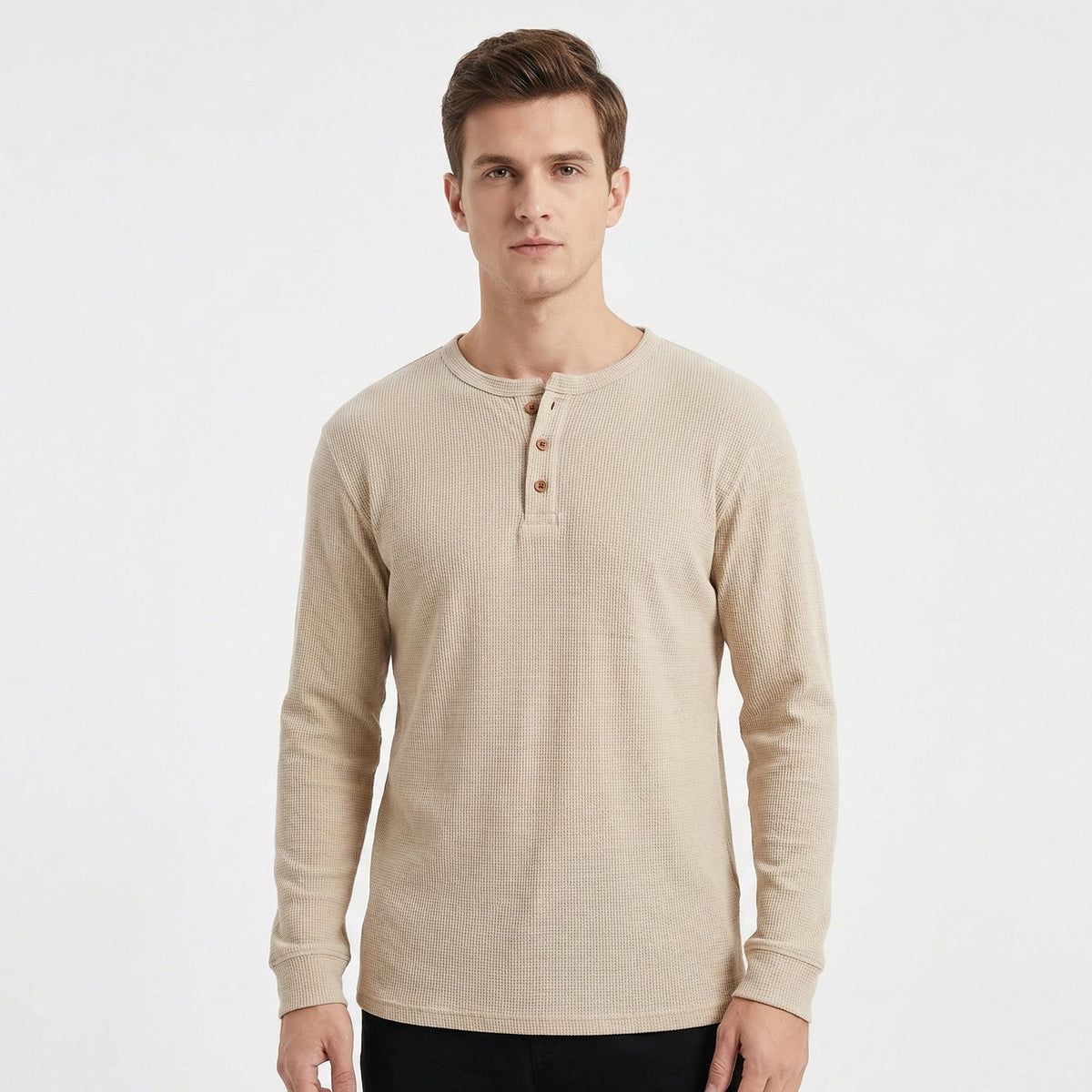 Men's Long-Sleeve Slim-Fit Waffle Knit Henley Thermal Winter Shirt
