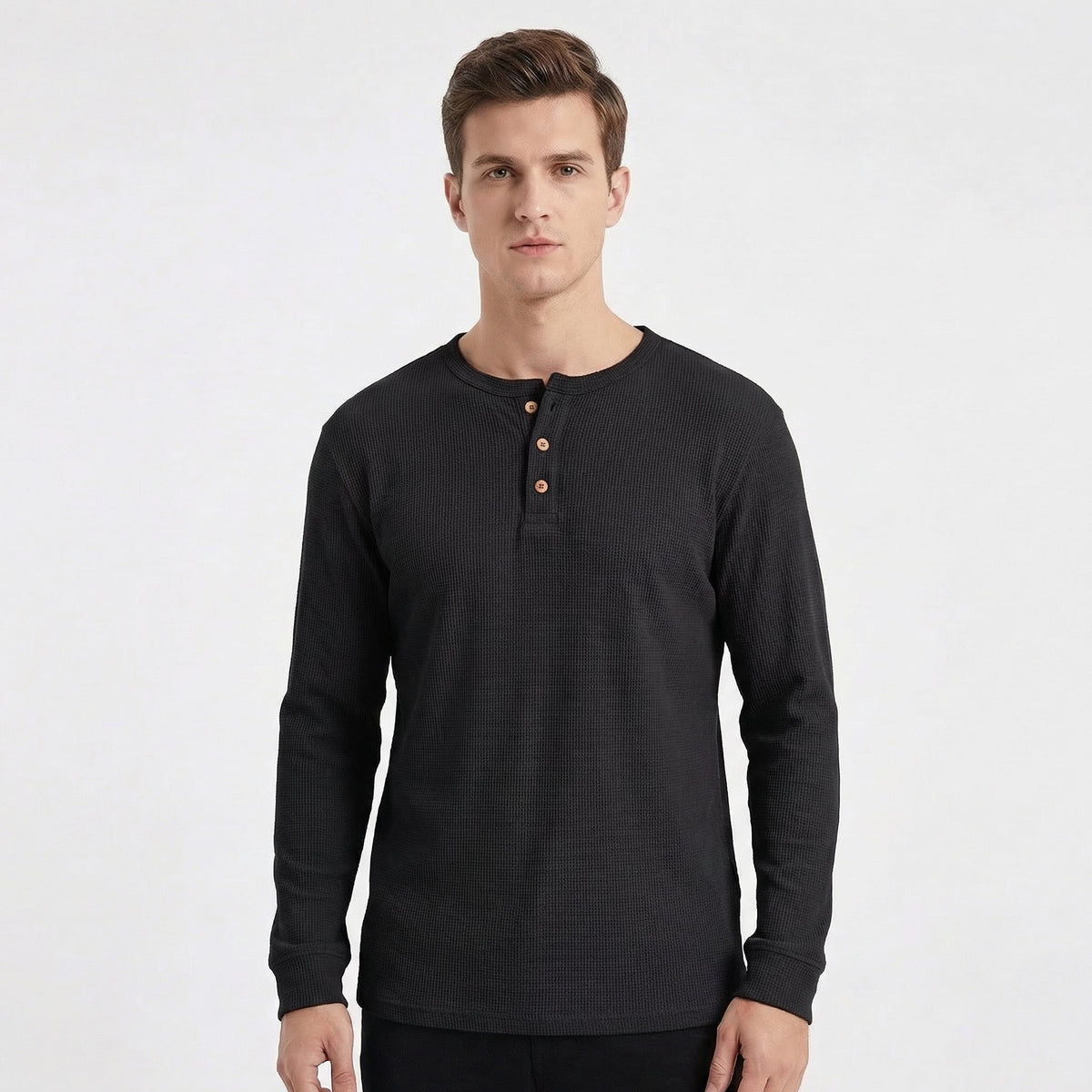 Men's Long-Sleeve Slim-Fit Waffle Knit Henley Thermal Winter Shirt