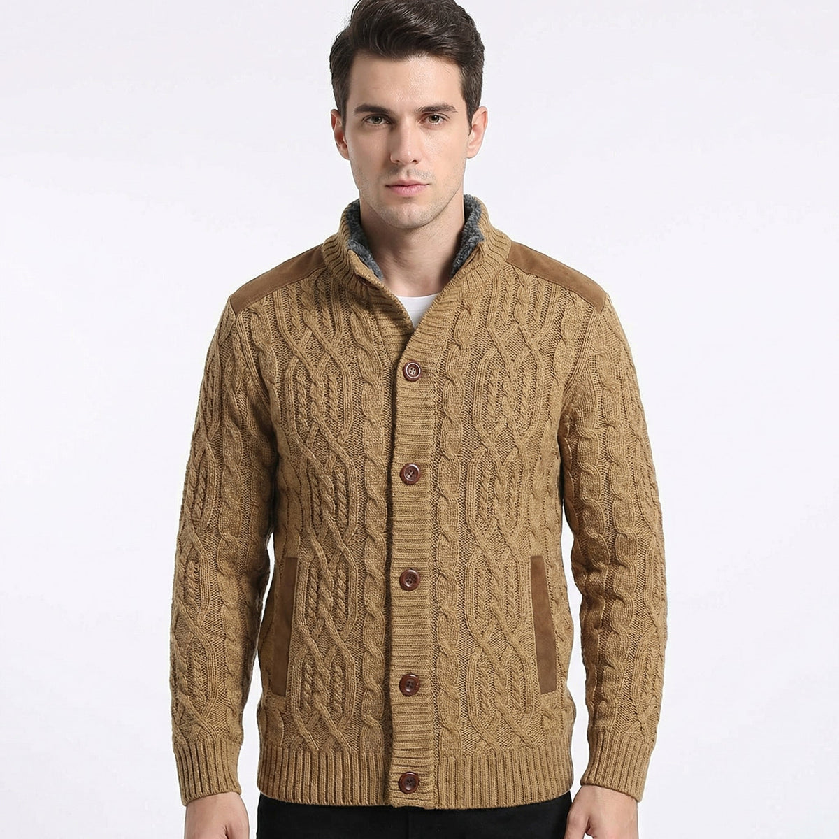 Cardigan con Bottoni Foderato in Pile e Dettagli in Suede