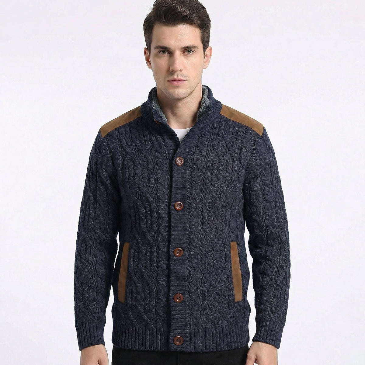 Cardigan con Bottoni Foderato in Pile e Dettagli in Suede