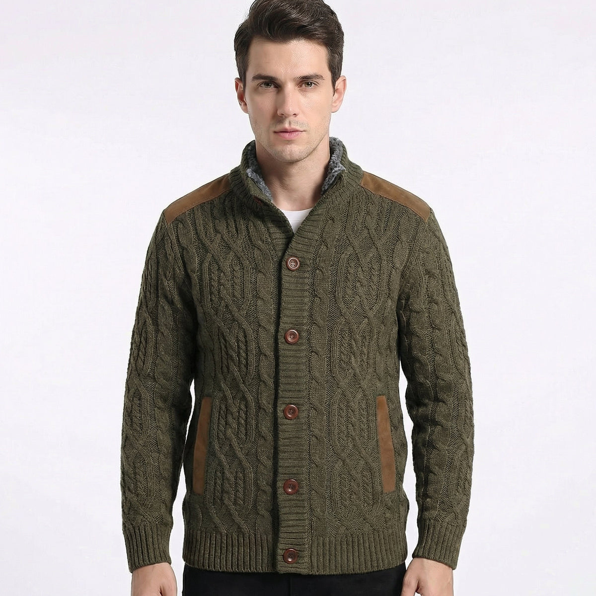 Cardigan con Bottoni Foderato in Pile e Dettagli in Suede