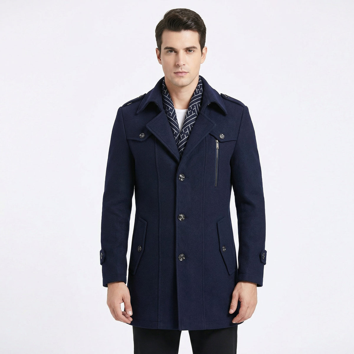 Trench da Uomo – Cappotto Militare di Media Lunghezza in Misto Lana con Colletto a Sciarpa