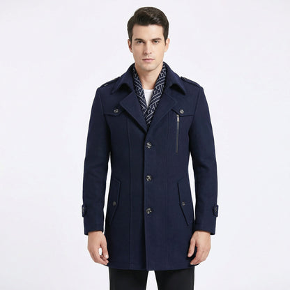 Trench da Uomo – Cappotto Militare di Media Lunghezza in Misto Lana con Colletto a Sciarpa