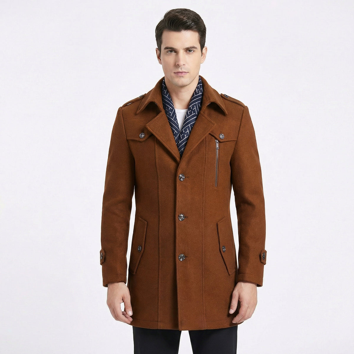 Trench da Uomo – Cappotto Militare di Media Lunghezza in Misto Lana con Colletto a Sciarpa
