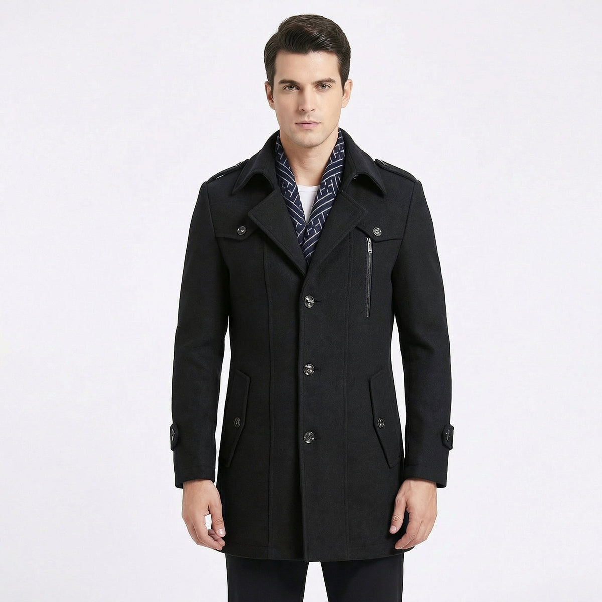 Trench da Uomo – Cappotto Militare di Media Lunghezza in Misto Lana con Colletto a Sciarpa