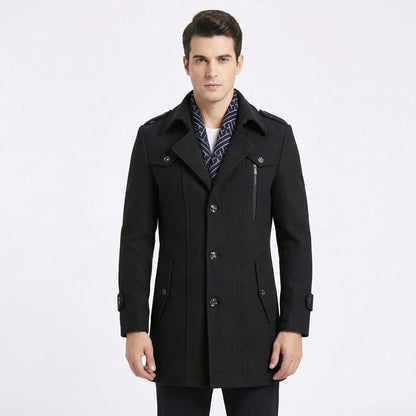 Trench da Uomo – Cappotto Militare di Media Lunghezza in Misto Lana con Colletto a Sciarpa
