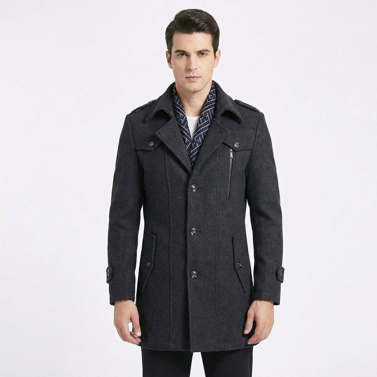 Trench da Uomo – Cappotto Militare di Media Lunghezza in Misto Lana con Colletto a Sciarpa