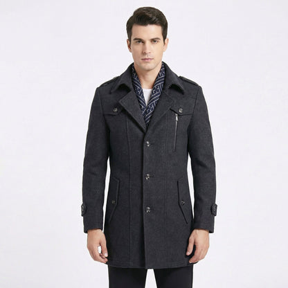 Trench da Uomo – Cappotto Militare di Media Lunghezza in Misto Lana con Colletto a Sciarpa