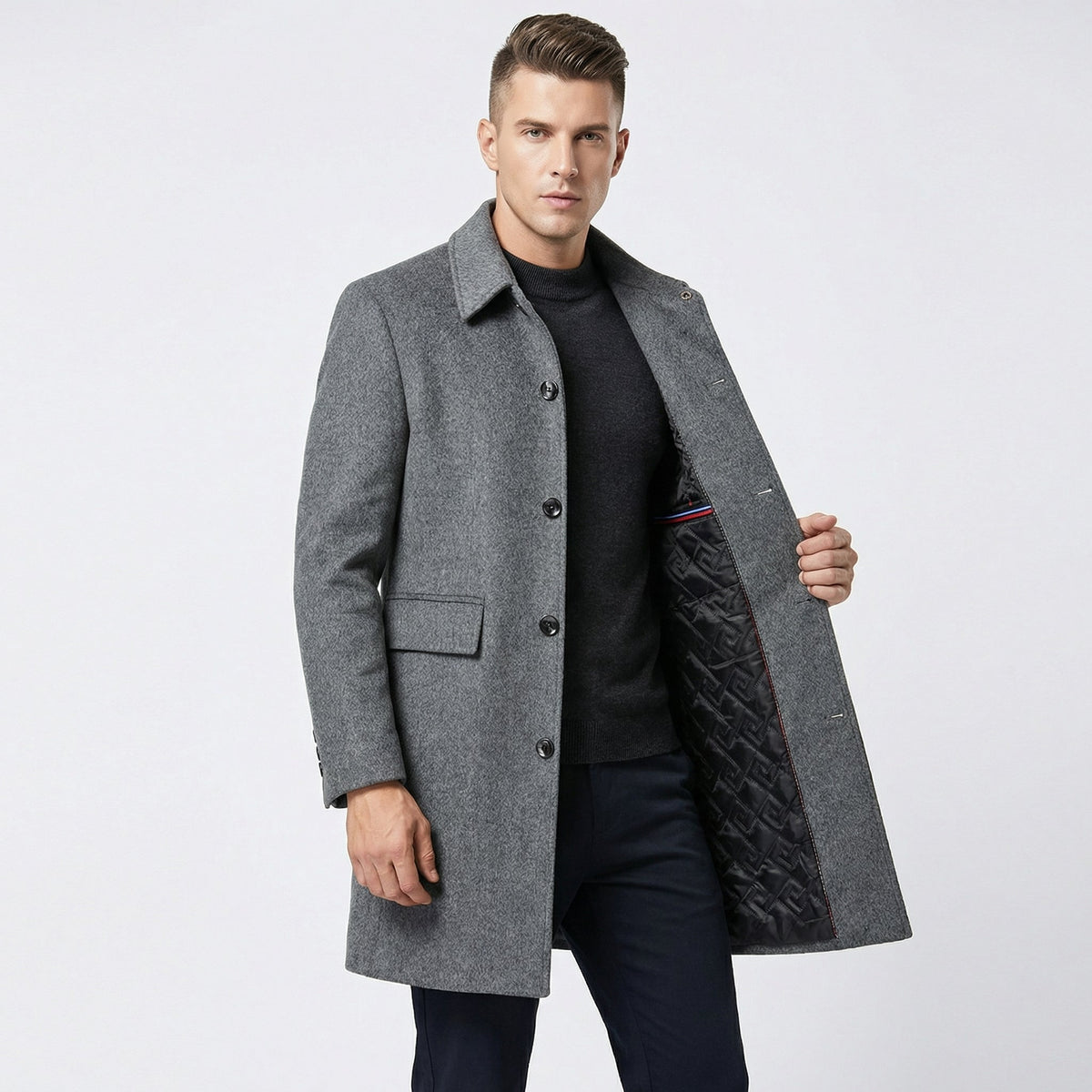 Men's Overcoat Quilted Lined Wool Blend Single-Breasted Winter Coat