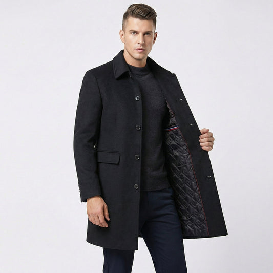 Men's Overcoat Quilted Lined Wool Blend Single-Breasted Winter Coat