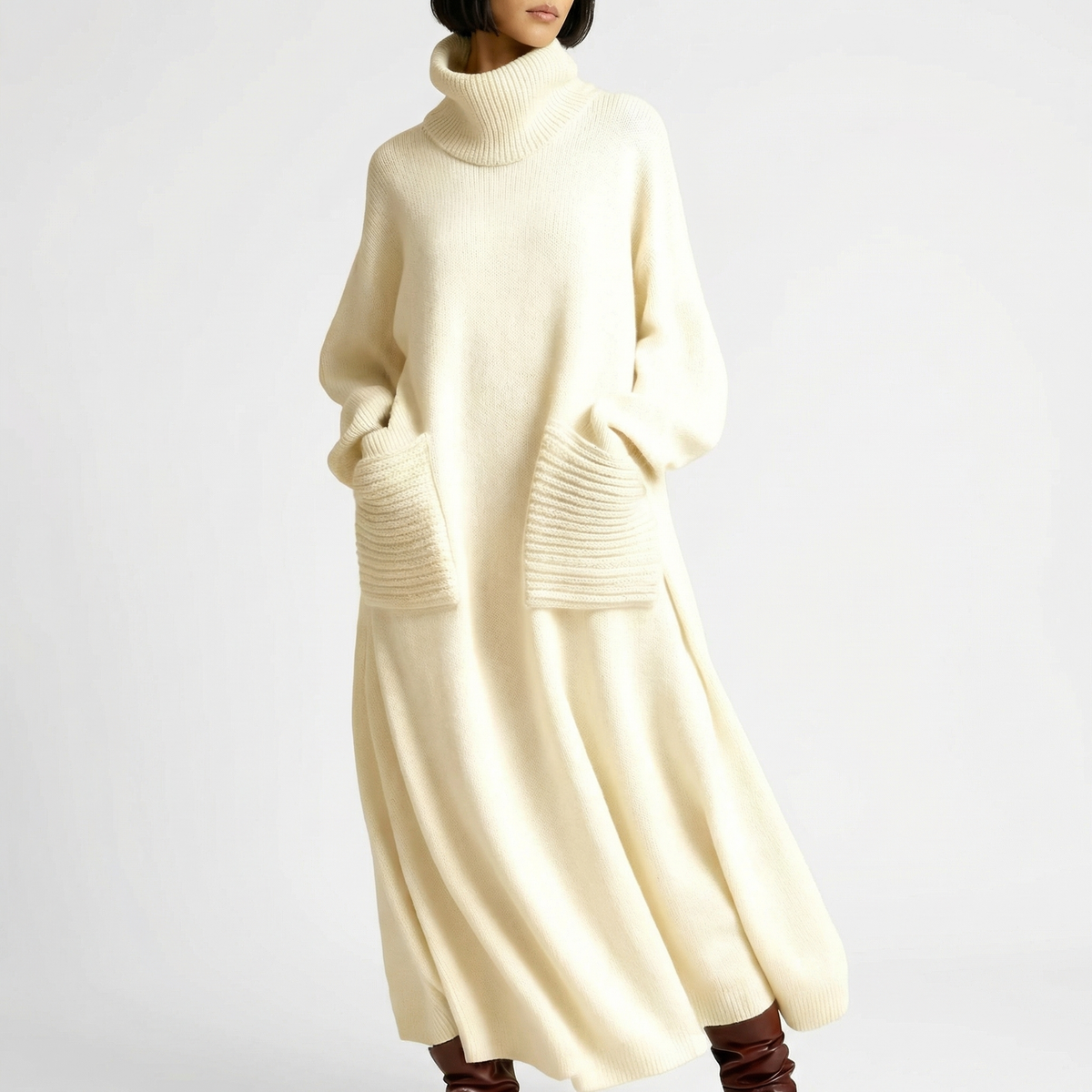 Women's Oversized Turtleneck Knit Maxi Winter Dress with Patch Pockets