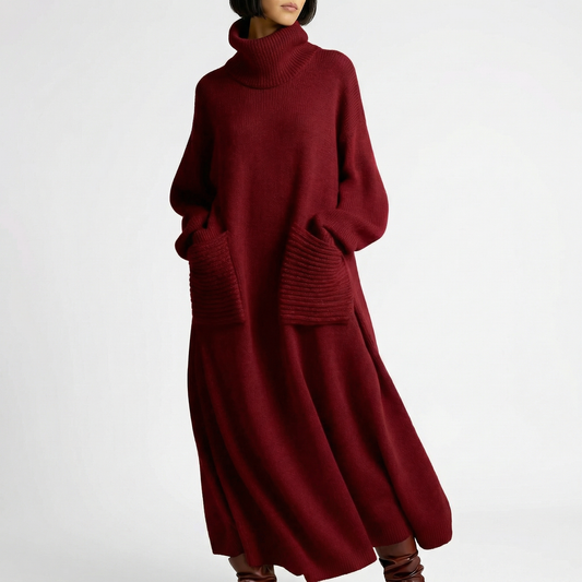 Vestito lungo da donna in maglia a collo alto oversize con tasche applicate