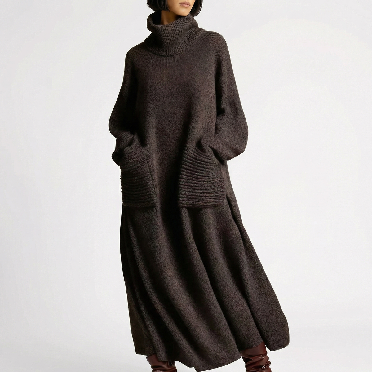Women's Oversized Turtleneck Knit Maxi Winter Dress with Patch Pockets