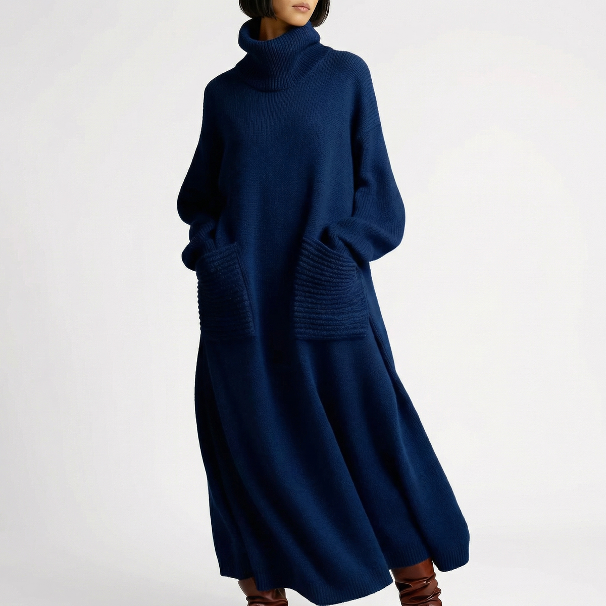 Women's Oversized Turtleneck Knit Maxi Winter Dress with Patch Pockets