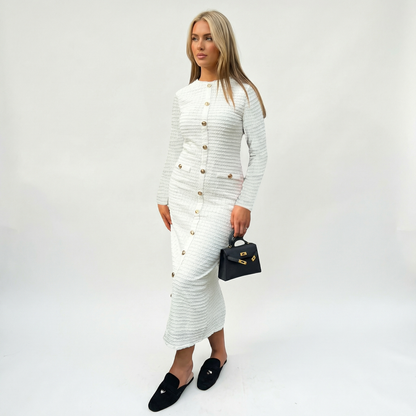 Abito Midi da Donna in Maglia Testurizzata con Bottoni Dorati