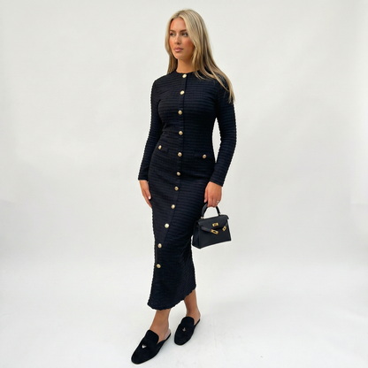 Abito Midi da Donna in Maglia Testurizzata con Bottoni Dorati