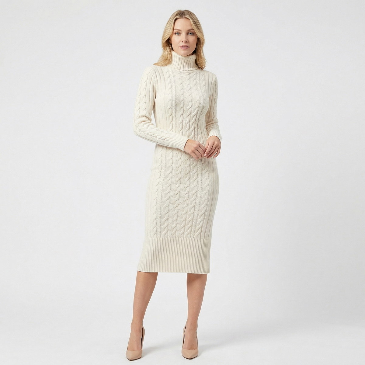 Abito maglione midi dolcevita da donna in maglia a trecce con orlo a costine