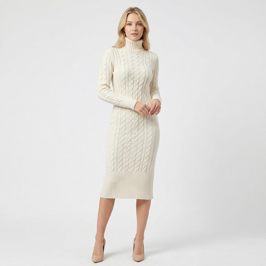 Abito maglione midi dolcevita da donna in maglia a trecce con orlo a costine
