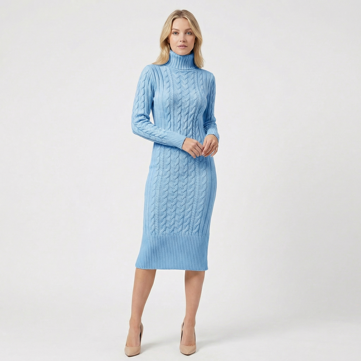 Abito maglione midi dolcevita da donna in maglia a trecce con orlo a costine
